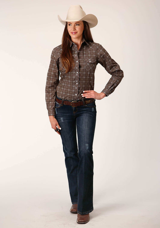 Roper Womens Long Sleeve Snap Brown White Retro Print Western Shirt - Roper - Flyclothing LLC