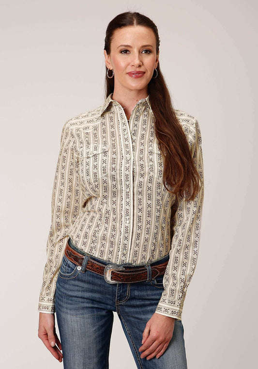 Roper Womens Long Sleeve Snap Cream And Brown Wallpaper Stripe Western Shirt - Roper - Flyclothing LLC
