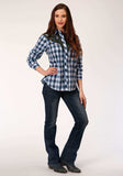 Roper Womens Long Sleeve Snap Navy Blue Grey And White Plaid Western Shirt - Roper - Flyclothing LLC