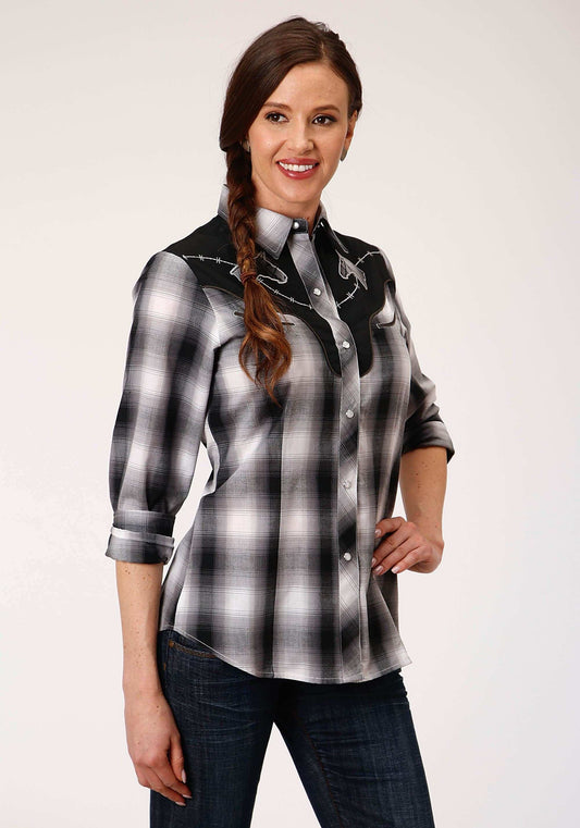 Roper Womens Long Sleeve Snap Black White And Grey Plaid Western Shirt - Roper - Flyclothing LLC