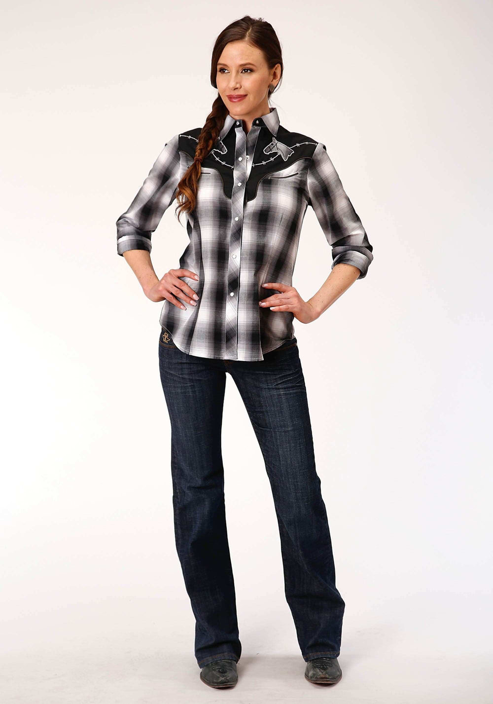 Roper Womens Long Sleeve Snap Black White And Grey Plaid Western Shirt - Roper - Flyclothing LLC
