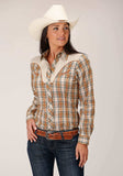 Roper Womens Long Sleeve Snap Khaki Forest Green And Cream Plaid Western Shirt - Roper - Flyclothing LLC
