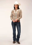 Roper Womens Long Sleeve Snap Khaki Forest Green And Cream Plaid Western Shirt - Roper - Flyclothing LLC