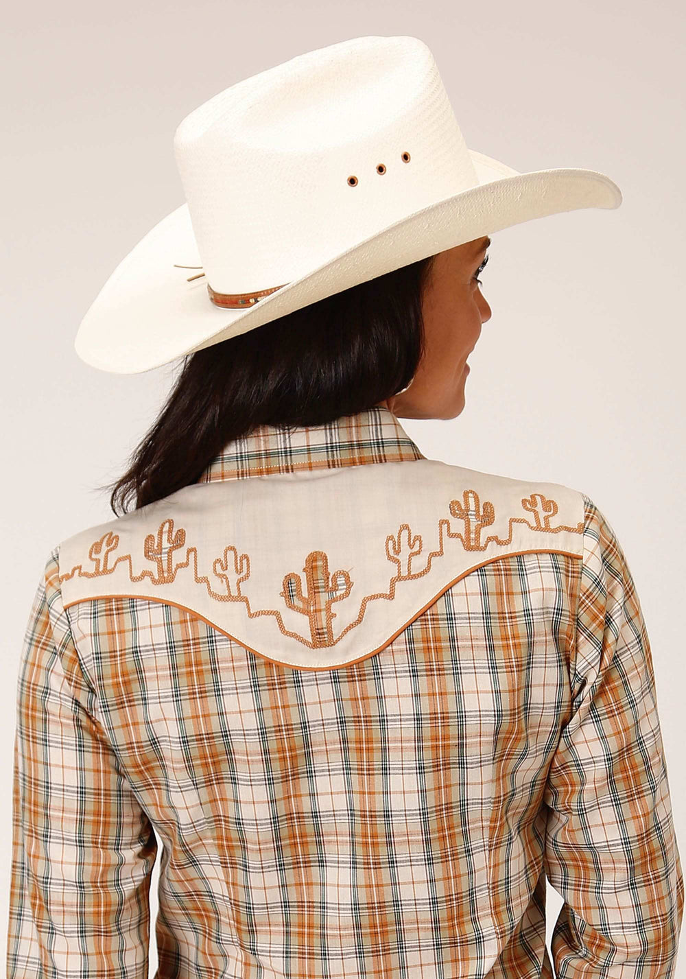 Roper Womens Long Sleeve Snap Khaki Forest Green And Cream Plaid Western Shirt - Roper - Flyclothing LLC