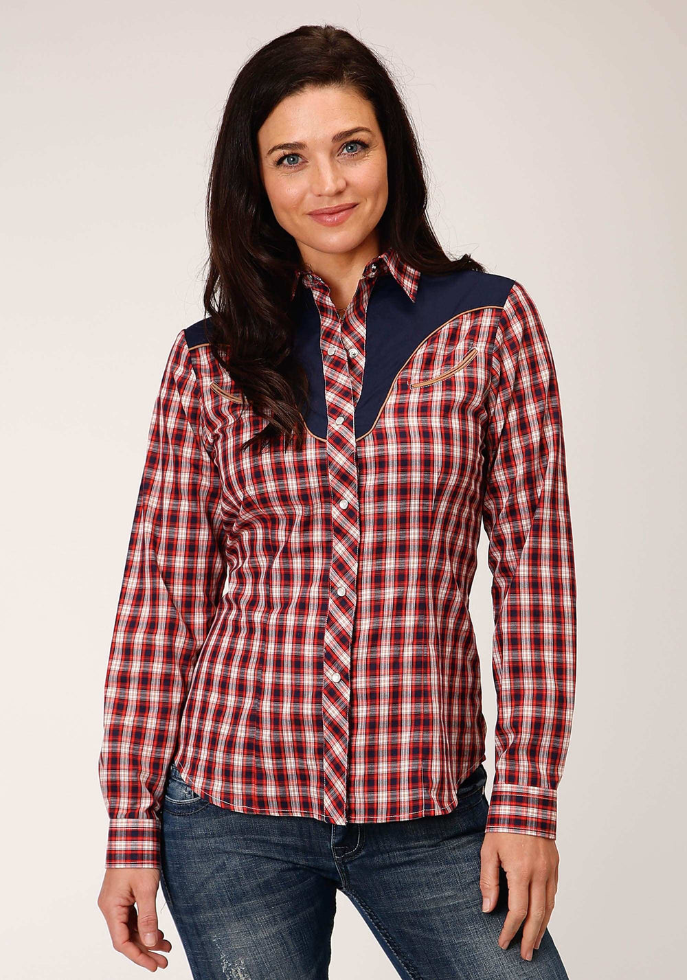 Roper Womens Long Sleeve Snap Red Navy And Cream Small Plaid Scale Western Shirt - Roper - Flyclothing LLC