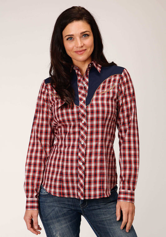 Roper Womens Long Sleeve Snap Red Navy And Cream Small Plaid Scale Western Shirt - Roper - Flyclothing LLC