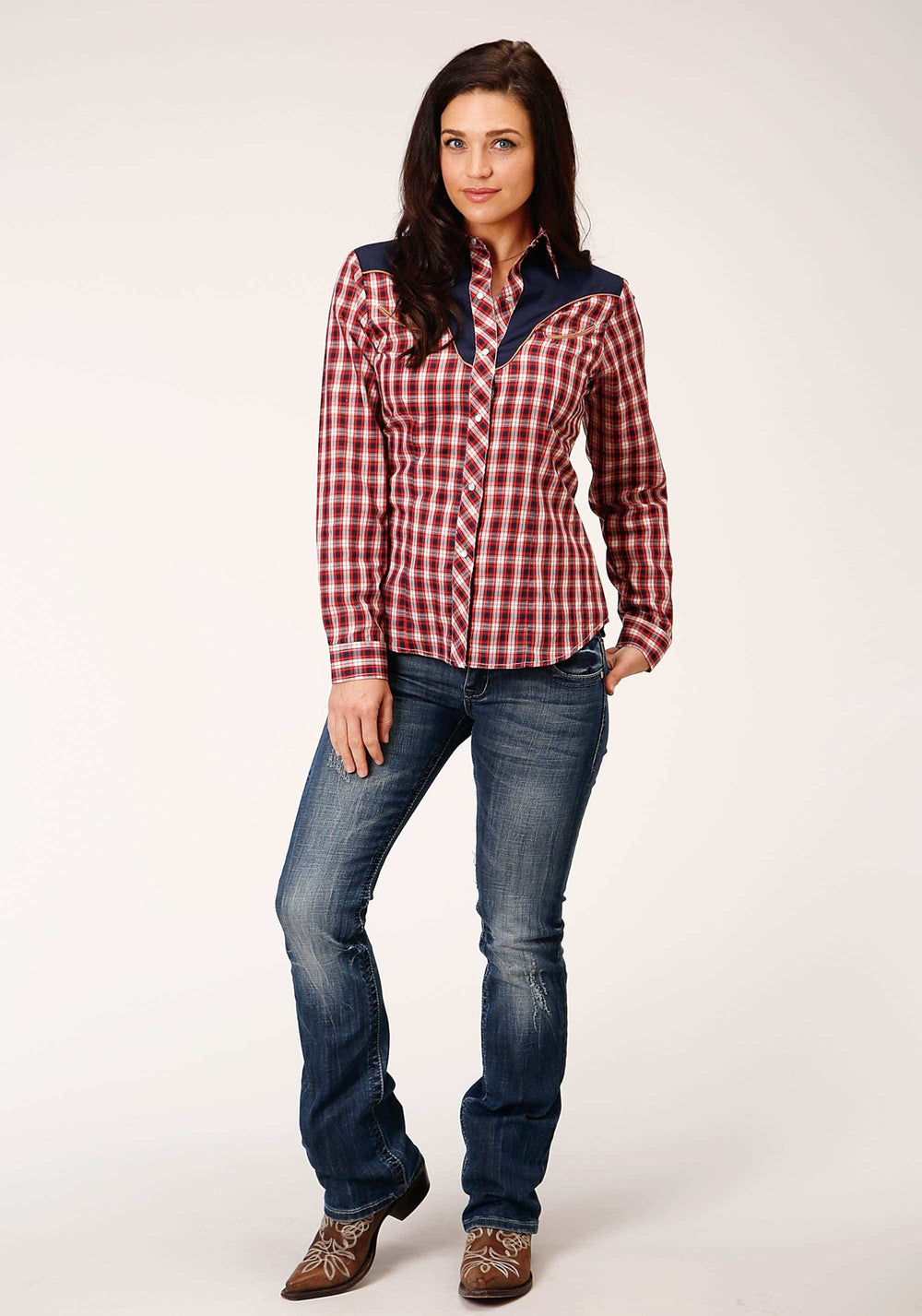 Roper Womens Long Sleeve Snap Red Navy And Cream Small Plaid Scale Western Shirt - Roper - Flyclothing LLC