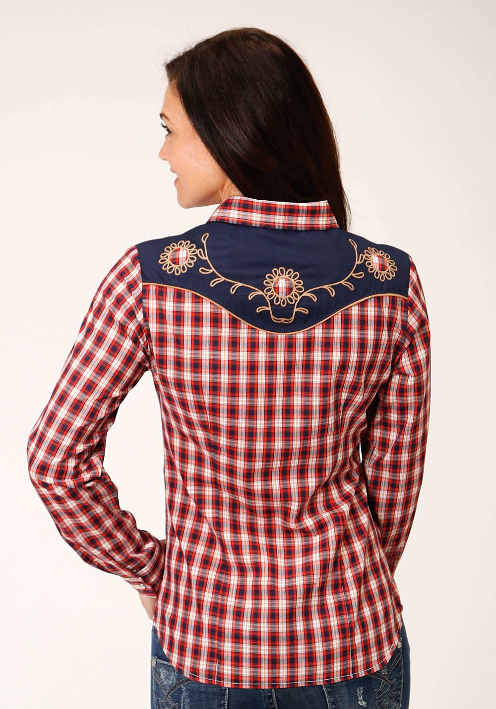 Roper Womens Long Sleeve Snap Red Navy And Cream Small Plaid Scale Western Shirt - Roper - Flyclothing LLC