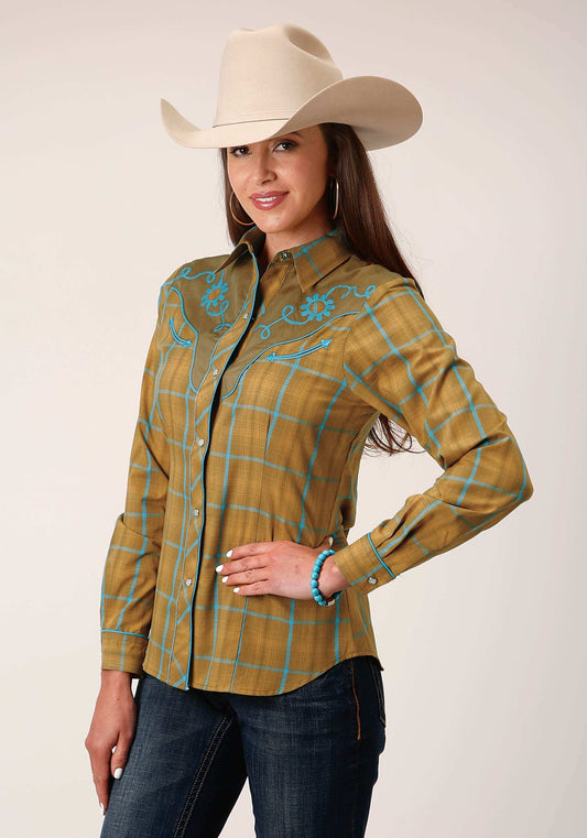 Roper Womens Long Sleeve Snap Butterscotch Turquoise Plaid Western Shirt - Roper - Flyclothing LLC