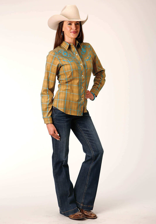 Roper Womens Long Sleeve Snap Butterscotch Turquoise Plaid Western Shirt - Roper - Flyclothing LLC