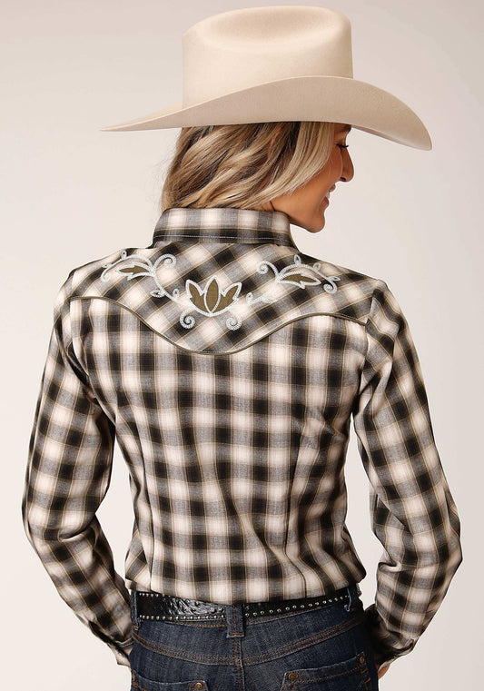 Roper Womens Long Sleeve Snap Black Cream And Olive Plaid Western Shirt - Roper - Flyclothing LLC