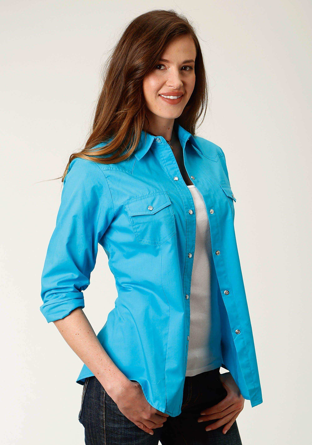 Roper Womens Turquoise Solid Long Sleeve Snap Western Shirt - Roper - Flyclothing LLC