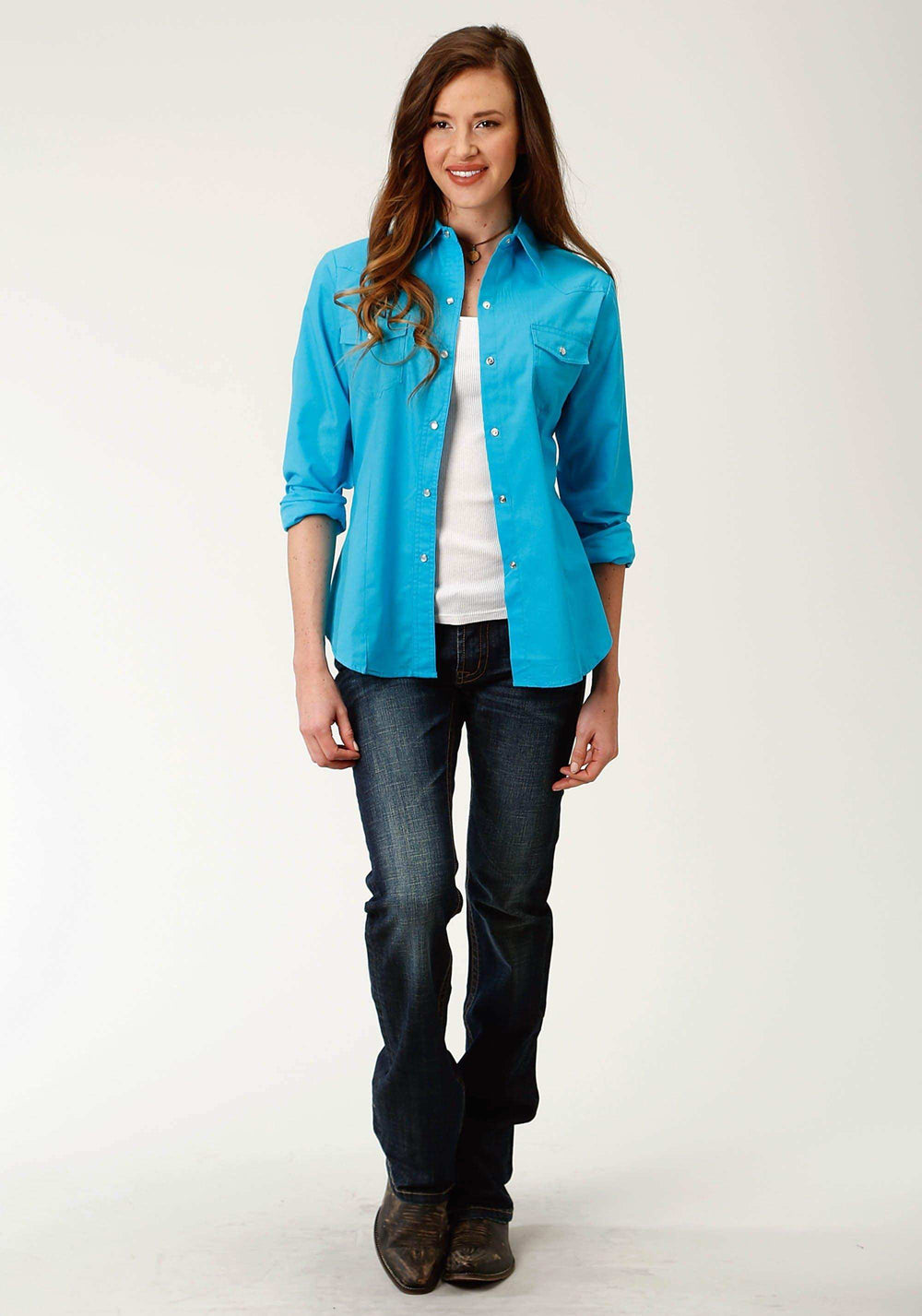 Roper Womens Turquoise Solid Long Sleeve Snap Western Shirt - Roper - Flyclothing LLC