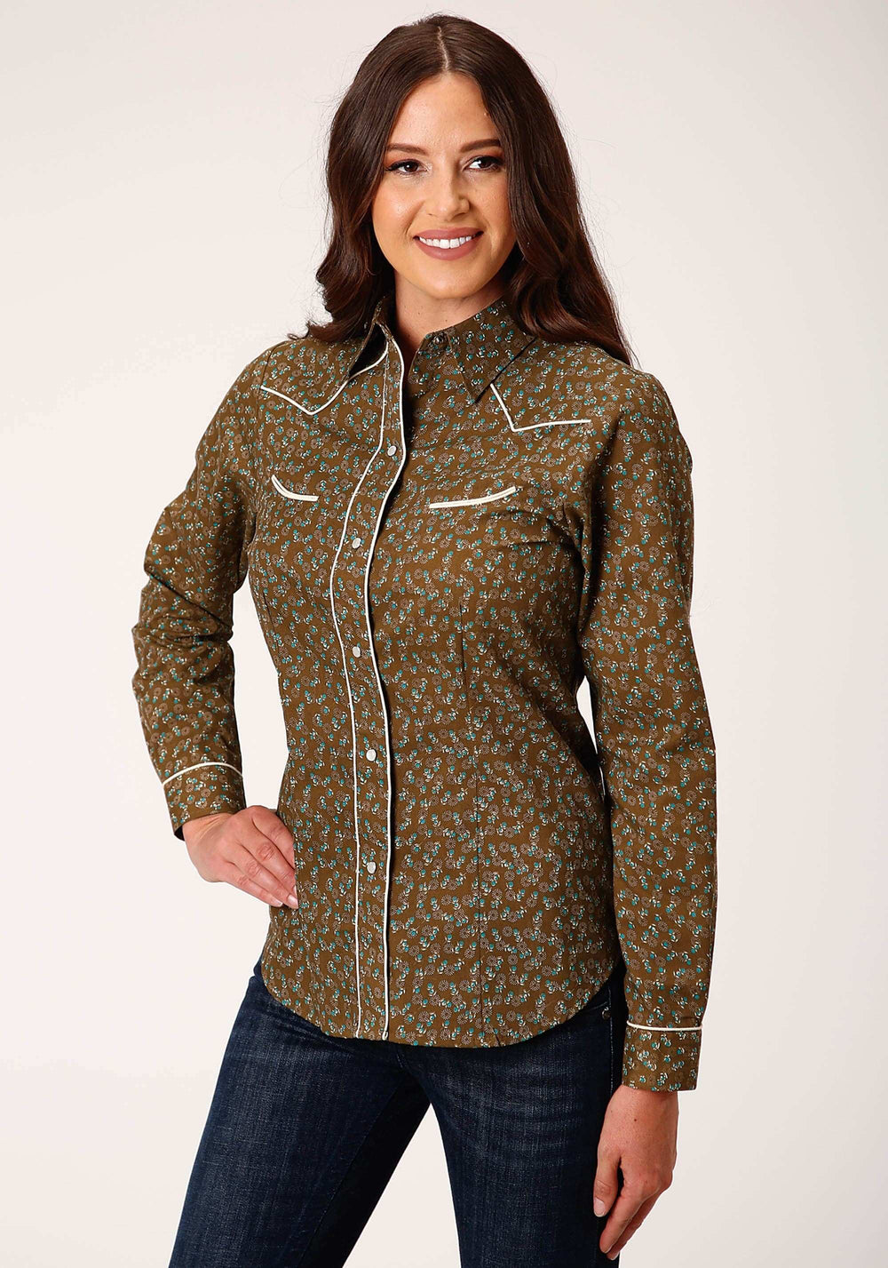 Roper Womens Long Sleeve Snap Brown Turquoise And Cream Mini Floral Western Shirt - Roper - Flyclothing LLC