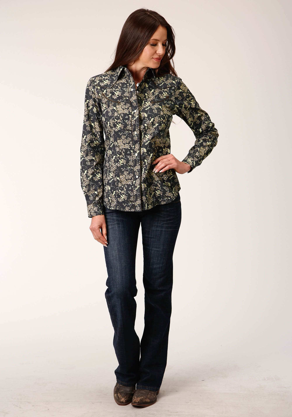 Roper Womens Long Sleeve Snap Vintage Dark Floral Print Western Shirt - Roper - Flyclothing LLC