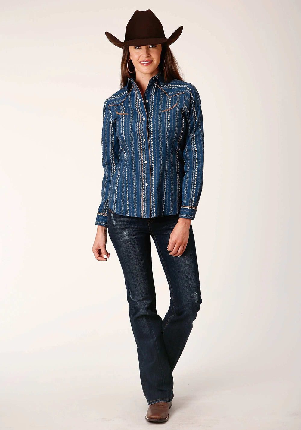 Roper Womens Long Sleeve Snap Navy Khaki Floral Wallpaper Print Western Shirt - Roper - Flyclothing LLC