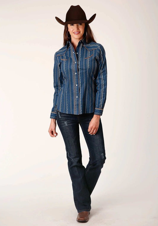Roper Womens Long Sleeve Snap Navy Khaki Floral Wallpaper Print Western Shirt - Roper - Flyclothing LLC