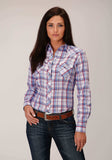 Roper Womens Long Sleeve Snap White Berry Light Blue Plaid Western Shirt - Roper - Flyclothing LLC
