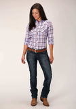 Roper Womens Long Sleeve Snap White Berry Light Blue Plaid Western Shirt - Roper - Flyclothing LLC