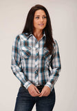 Roper Womens Long Sleeve Snap Peacock Blue Brown Black White Plaid Western Shirt - Roper - Flyclothing LLC