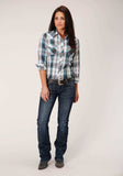 Roper Womens Long Sleeve Snap Peacock Blue Brown Black White Plaid Western Shirt - Roper - Flyclothing LLC