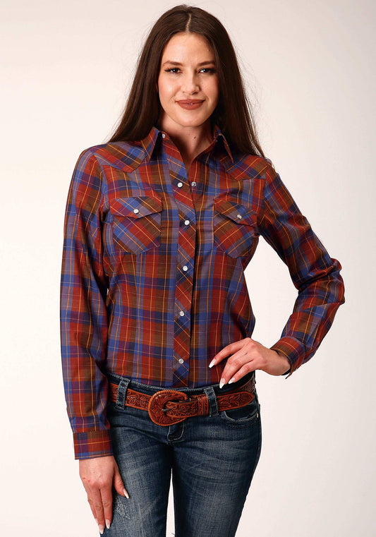 Roper Womens Long Sleeve Snap Wine And Peri Plaid Western Shirt - Roper - Flyclothing LLC