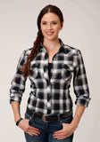 Roper Womens Long Sleeve Snap Black Charcoal And White Plaid Western Shirt - Roper - Flyclothing LLC
