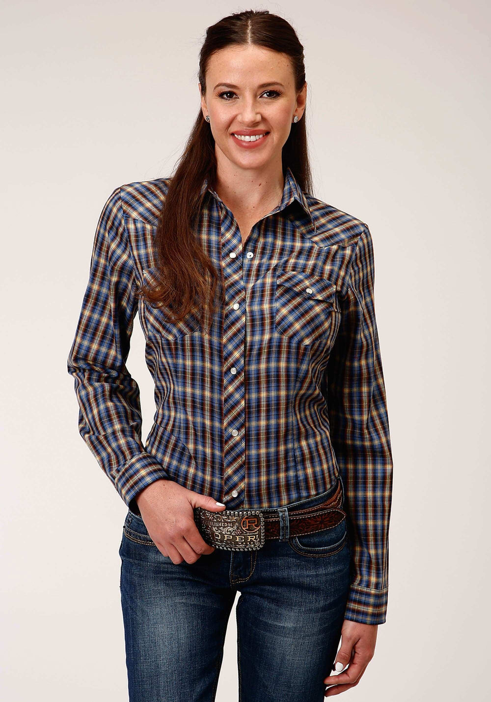 Roper Womens Long Sleeve Snap Royal Brown And Yellow Plaid Western Shirt - Roper - Flyclothing LLC