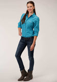 Roper Womens Long Sleeve Snap Turquoise Black And Orange Windowpane Plaid Western Shirt - Roper - Flyclothing LLC
