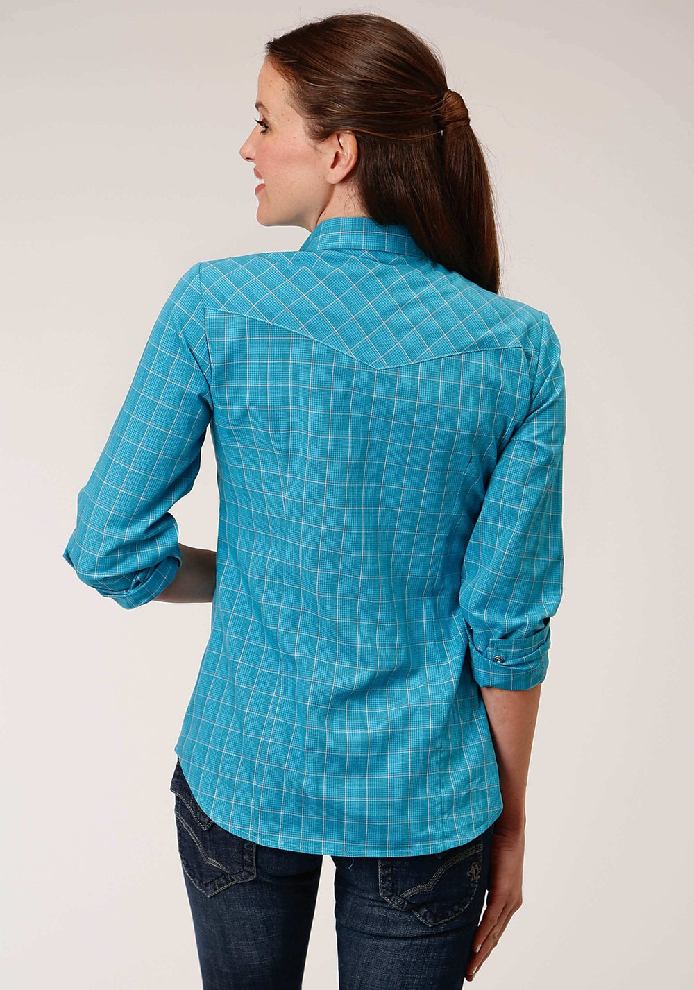 Roper Womens Long Sleeve Snap Turquoise Black And Orange Windowpane Plaid Western Shirt - Roper - Flyclothing LLC
