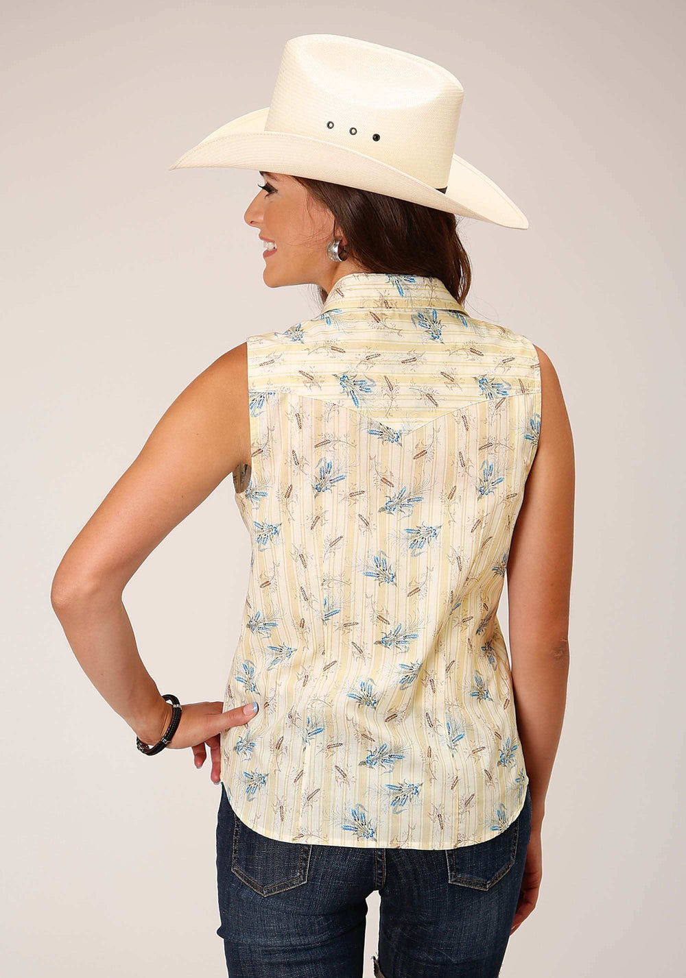 Roper Womens Sleeveless Snap Vintage Wheat Print Western Shirt - Roper - Flyclothing LLC