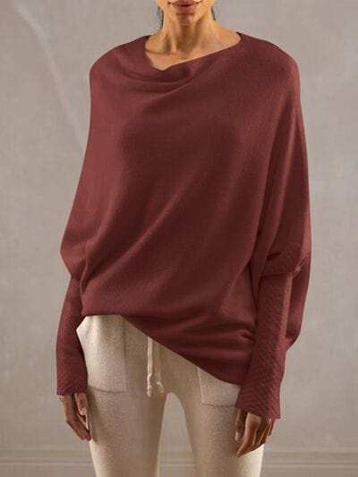 Full Size Boat Neck Batwing Sleeve Knit Top - Trendsi - Flyclothing LLC