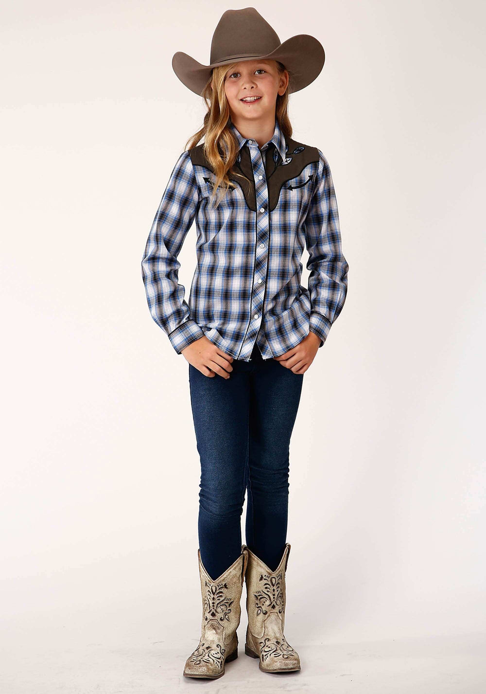Roper Girls Long Sleeve Snap Navy Blue Grey White Plaid Western Shirt - Roper - Flyclothing LLC