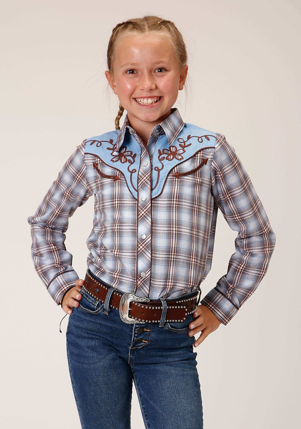 Roper Girls Long Sleeve Snap Ltbu Chocolate White Plaid Western Shirt - Roper - Flyclothing LLC