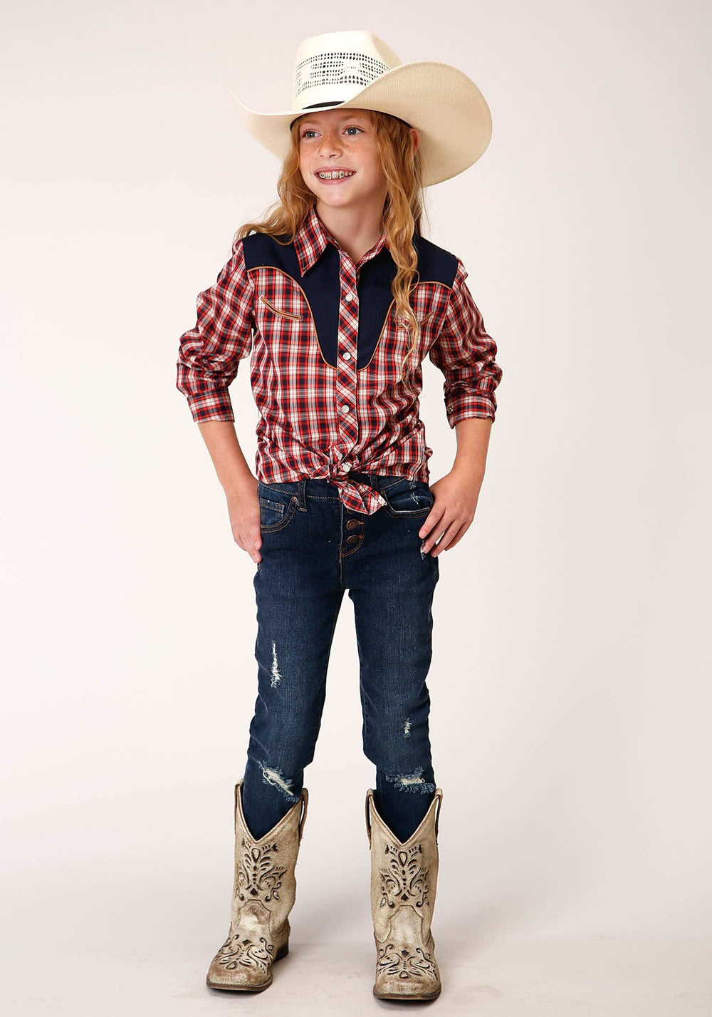 Roper Girls Long Sleeve Snap Red Navy And Cream Small Scale Plaid Western Shirt - Roper - Flyclothing LLC
