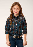 Roper Girls Long Sleeve Snap Brown And Teal Windopane Plaid Western Shirt - Roper - Flyclothing LLC