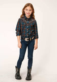 Roper Girls Long Sleeve Snap Brown And Teal Windopane Plaid Western Shirt - Roper - Flyclothing LLC