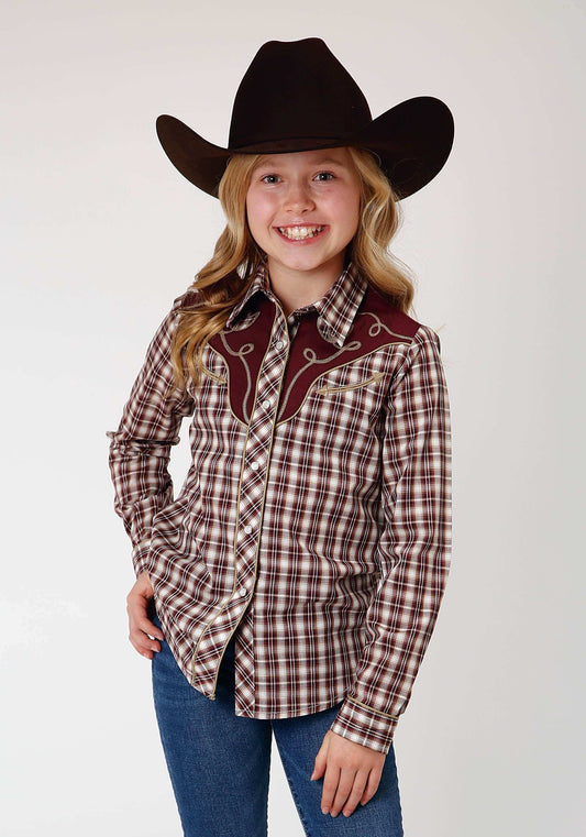 Roper Girls Long Sleeve Snap Wine Cream Tan Small Scale Plaid Western Shirt - Roper - Flyclothing LLC