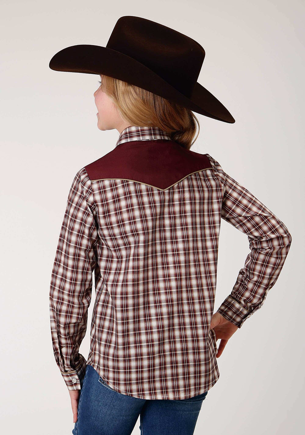 Roper Girls Long Sleeve Snap Wine Cream Tan Small Scale Plaid Western Shirt - Roper - Flyclothing LLC
