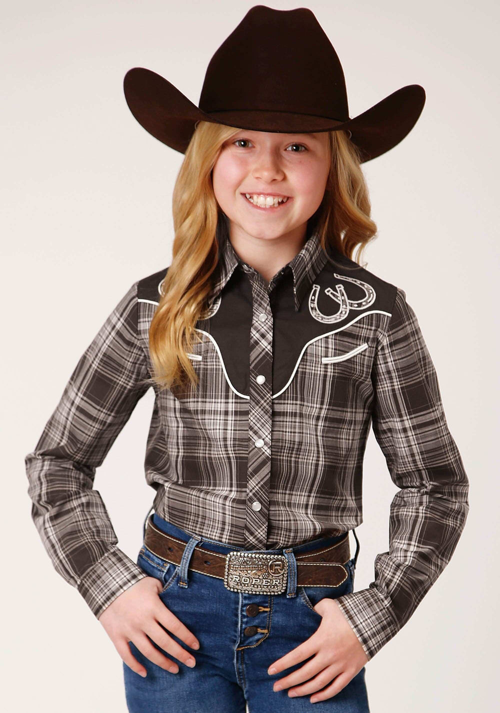 Roper Girls Long Sleeve Snap Chocolate And Cream Plaid Western Shirt - Roper - Flyclothing LLC