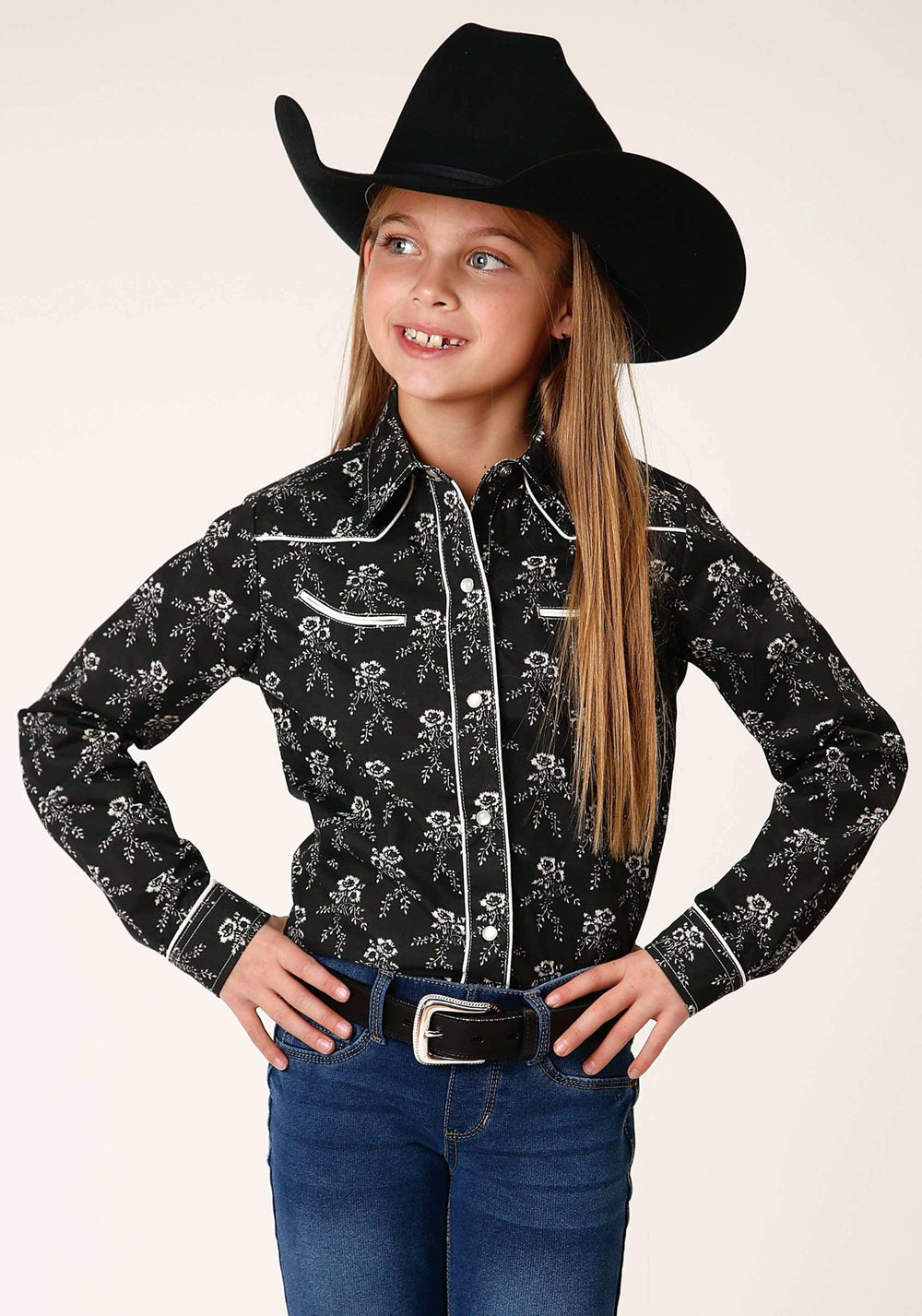 Roper Girls Long Sleeve Snap Black And Cream Floral Print Western Shirt - Roper - Flyclothing LLC