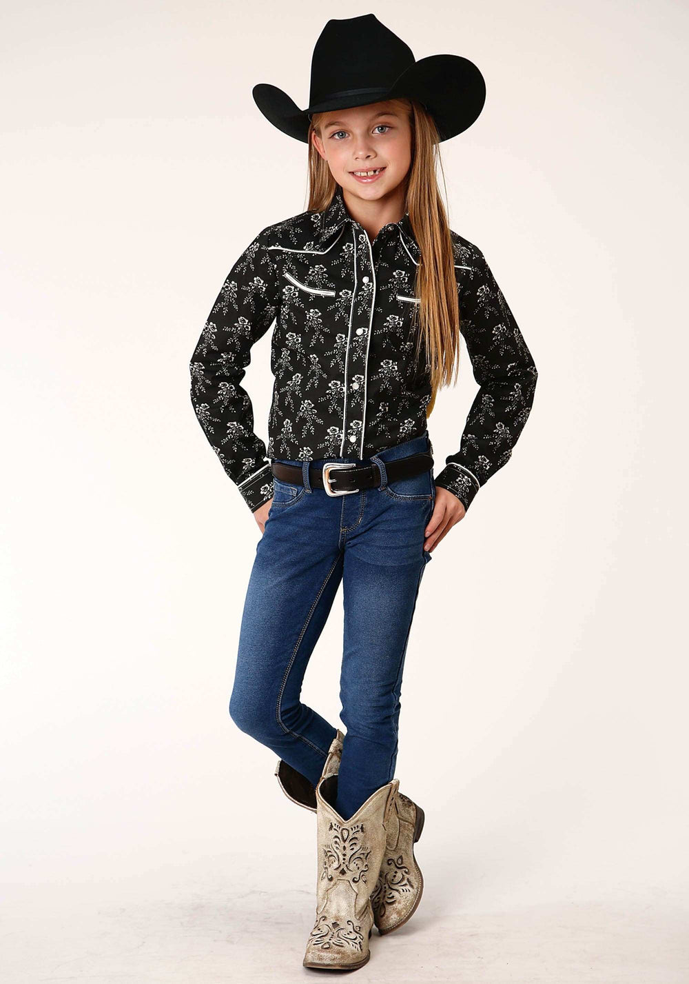 Roper Girls Long Sleeve Snap Black And Cream Floral Print Western Shirt - Roper - Flyclothing LLC