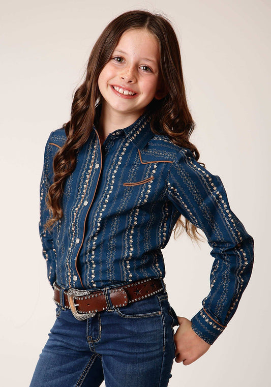 Roper Girls Long Sleeve Snap Navy Khaki Floral Wallpaper Print Western Shirt - Roper - Flyclothing LLC