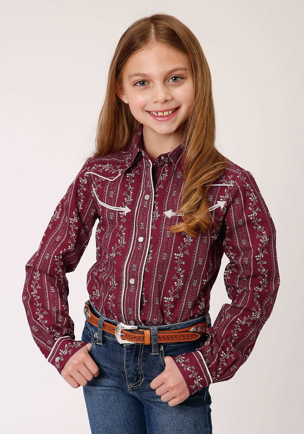 Roper Girls Long Sleeve Snap Brick Red And Cream Wallpaper Stripe Western Shirt - Roper - Flyclothing LLC