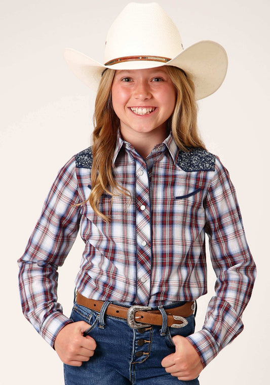 Roper Girls Long Sleeve Snap Wine Navy And White Plaid Western Shirt - Roper - Flyclothing LLC