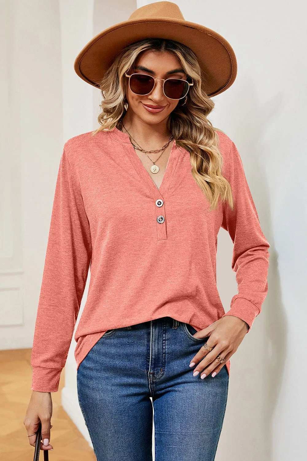 Notched Long Sleeve T-Shirt - Trendsi - Flyclothing LLC