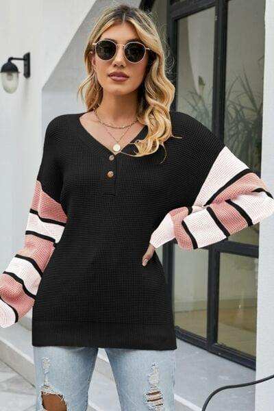 Color Block V-Neck Dropped Shoulder Sweater - Trendsi - Flyclothing LLC