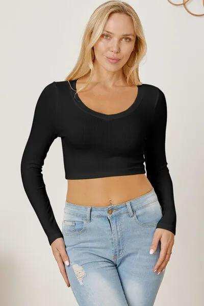 Round Neck Long Sleeve Cropped T-Shirt - Trendsi - Flyclothing LLC