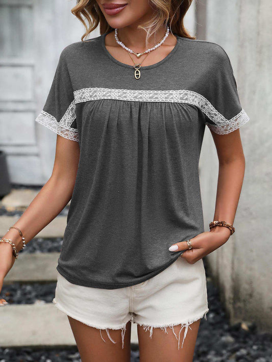 Contrast Round Neck Short Sleeve Tee - Trendsi - Flyclothing LLC