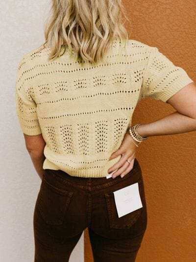 Openwork Round Neck Short Sleeve Sweater - Trendsi - Flyclothing LLC